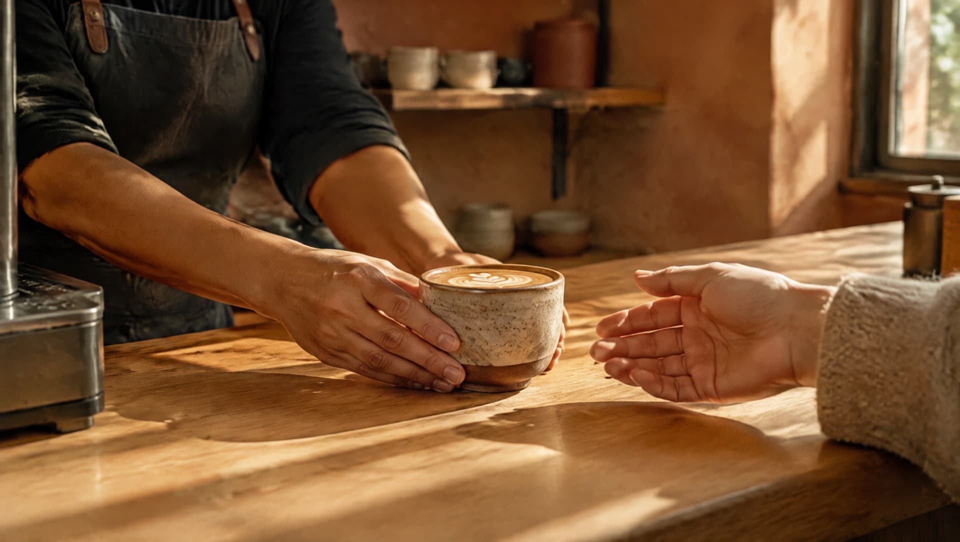 Un barista desliza una taza por la barra hacia la mano de un cliente.